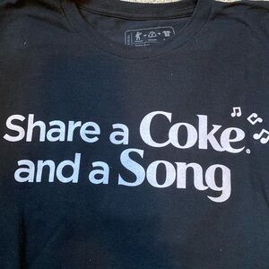 Coca Cola Back Front imprint Share a Coke Song Black XL recycled fabric t shirt